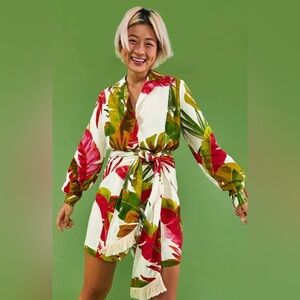 FARM Rio Red Green Wrap Sundress with Bishop Sleeves